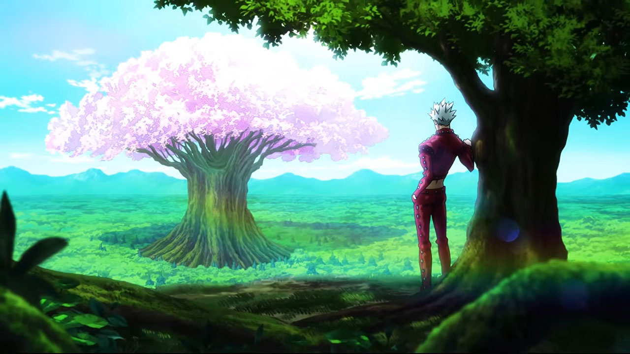 Ban contemplando el árbol sagrado en el Bosque del Rey Hada, escenario de la Fuente de la Eterna Juventud en Nanatsu no Taizai