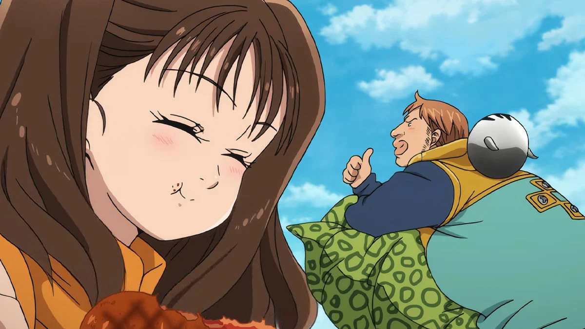 Diane contenta comiendo y King en forma Gordo dándole el visto bueno con el pulgar